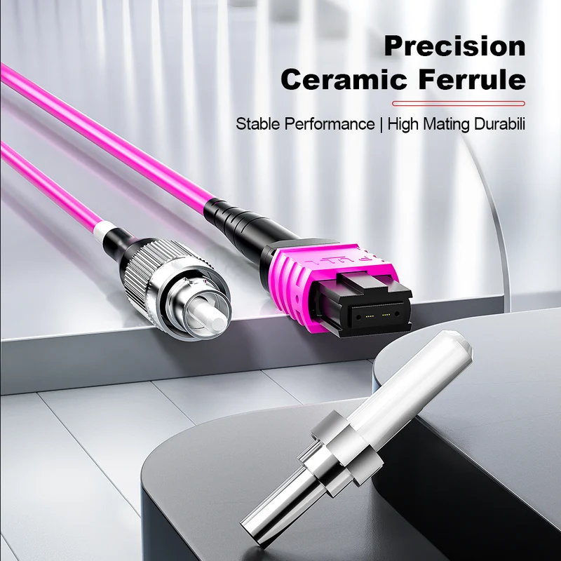 AMPCOM MPO-12 Harness, Multimode OM4 50/125µm 12 Fibers Optic Cable, MPO APC (Female) to 12 x FC APC, Magenta LSZH Jacket