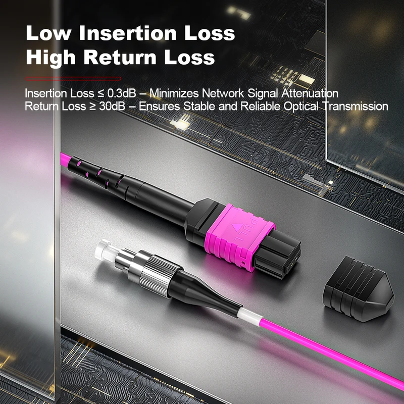 AMPCOM MPO-12 Harness, Multimode OM4 50/125µm 12 Fibers Optic Cable, MPO APC (Female) to 12 x FC APC, Magenta LSZH Jacket