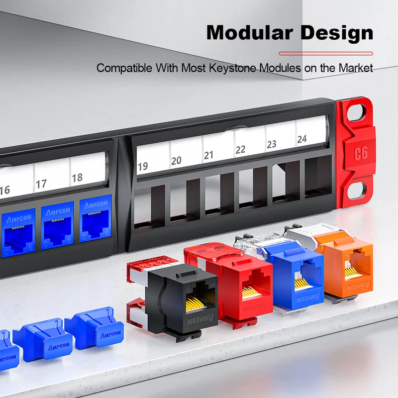 AMPCOM Front-Removable 1U 24‑Port Blank Patch Panel – SPCC Steel, Foldable Rear Cable Manager