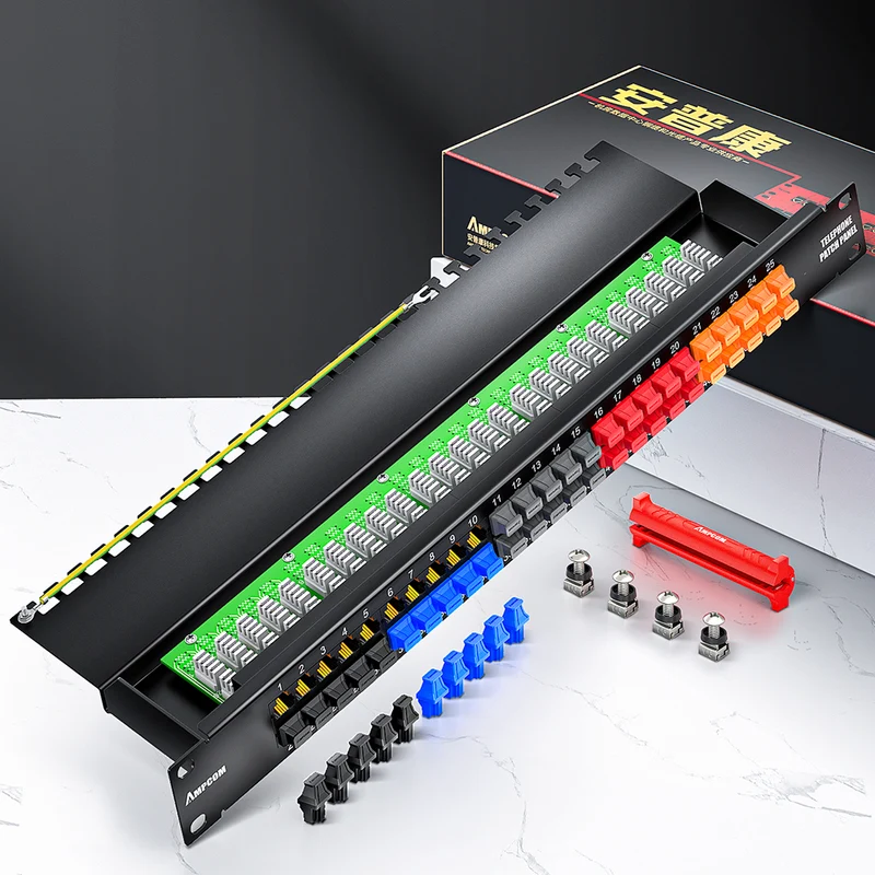 AMPCOM One-Piece PCB RJ11 Voice Patch Panel, 19 Inch Rack Mount, Pure Copper Ground Wire,SPCC Steel