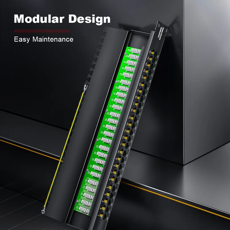AMPCOM One-Piece PCB RJ11 Voice Patch Panel, 19 Inch Rack Mount, Pure Copper Ground Wire,SPCC Steel