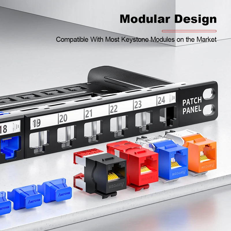 AMPCOM 0.5U 24‑Port Blank Patch Panel – SPCC Steel, Copper Ground Wire, Foldable Rear Cable Manager