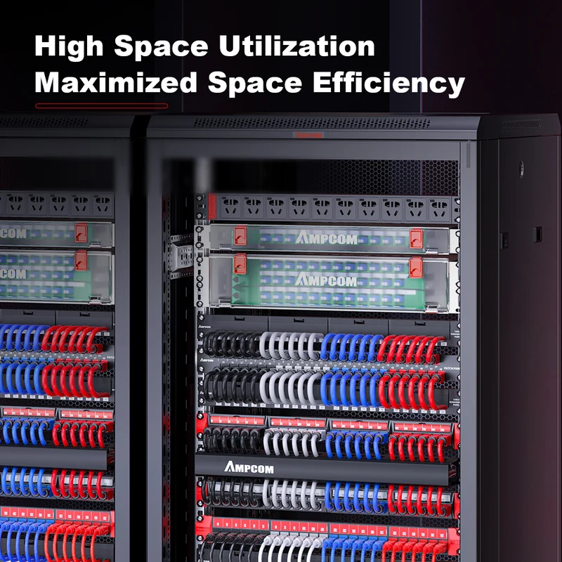 AMPCOM 0.5U 24-Port Unshielded Pass-Through Modular Patch Panel, 19-inch Rack Mount with Cable Management Rings
