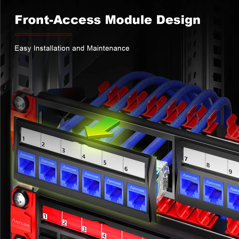AMPCOM 1U 24-Port Modular Unshielded Patch Panel, Toolless Keystone Jack, Front-Removable Panel Design, Reinforced Copper Ground Wire,19 Inch Rack Mount