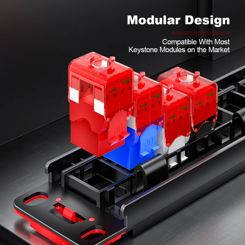 AMPCOM 1U 24-Port Modular Unshielded Patch Panel, Toolless Keystone Jack, Front-Removable Panel Design, Reinforced Copper Ground Wire,19 Inch Rack Mount