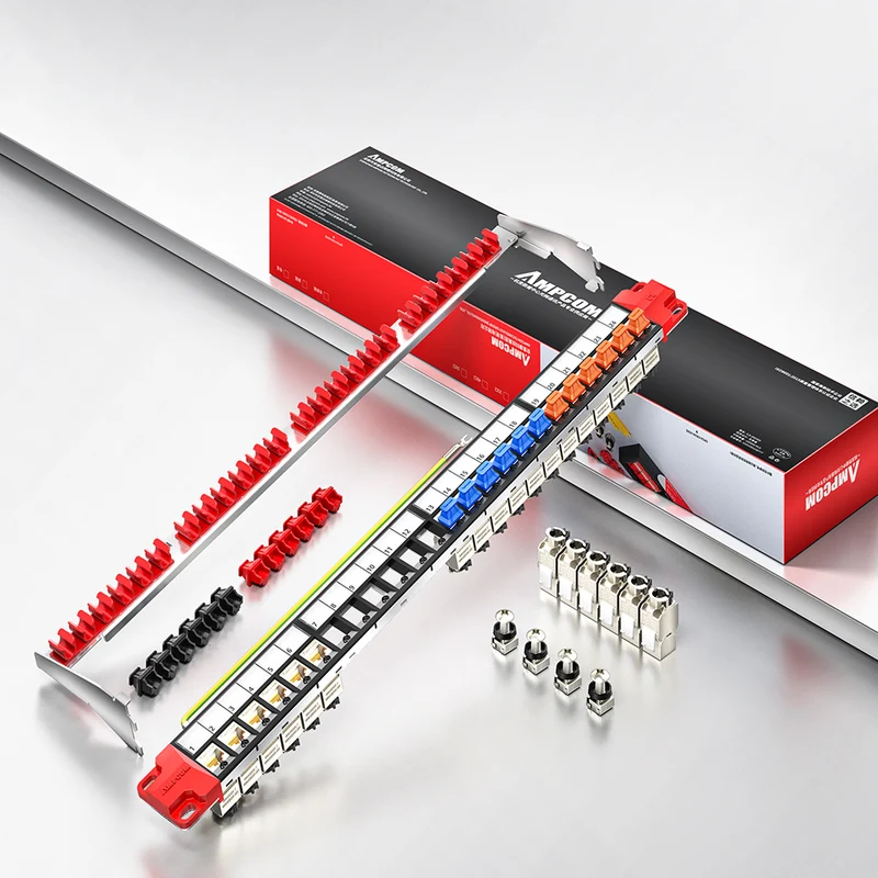 AMPCOM 1U 24-Port Shielded Tool-Less Keystone Patch Panel, 19-inch Rack Mount with Cable Management Rings