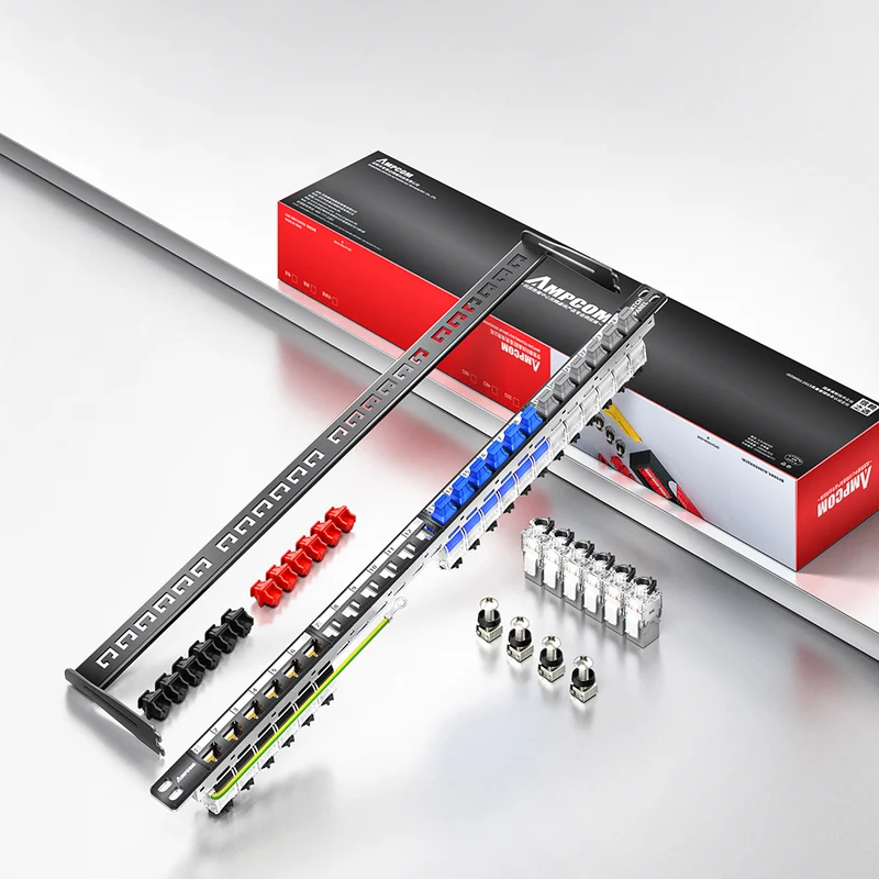 AMPCOM 0.5U 24-Port Unshielded Tool-Less Keystone Patch Panel, 19-inch Rack Mount with Cable Management Rings