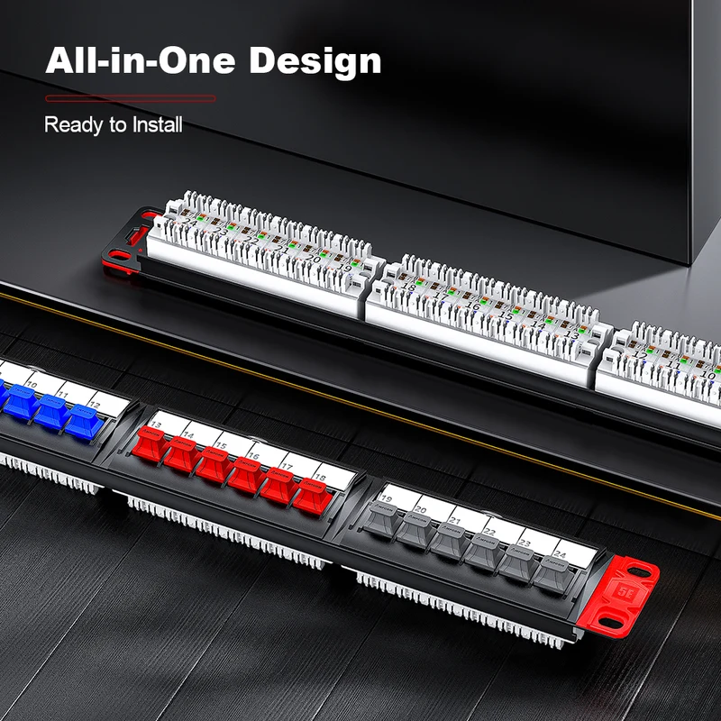 AMPCOM Front-Removable 1U 24-Port Unshielded Cat5e Patch Panel, 19-inch Rack Mount with Cable Management Rings