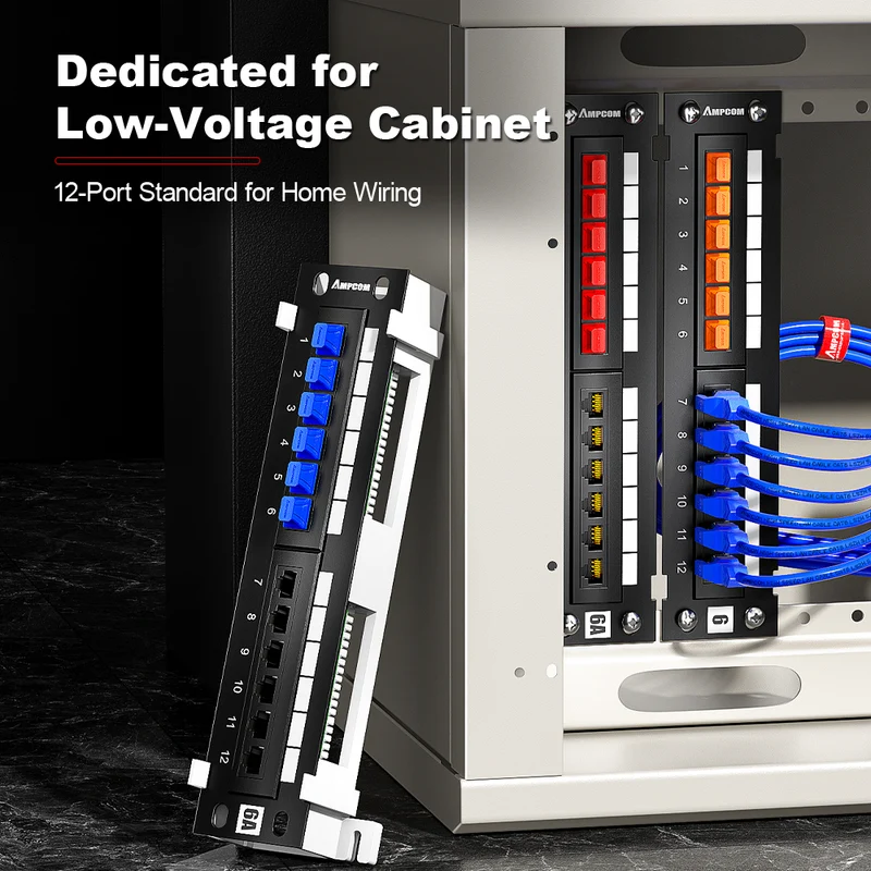 AMPCOM 12-Port Unshielded Patch Panel for Low-Voltage Cabinets, with Rear Mounting Bracket