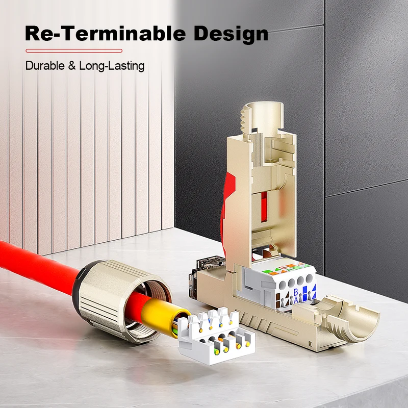 AMPCOM TW Cat6a Zinc-Alloy Shielded Tool-Free RJ45 Connector for 22-24 AWG Ethernet Cable