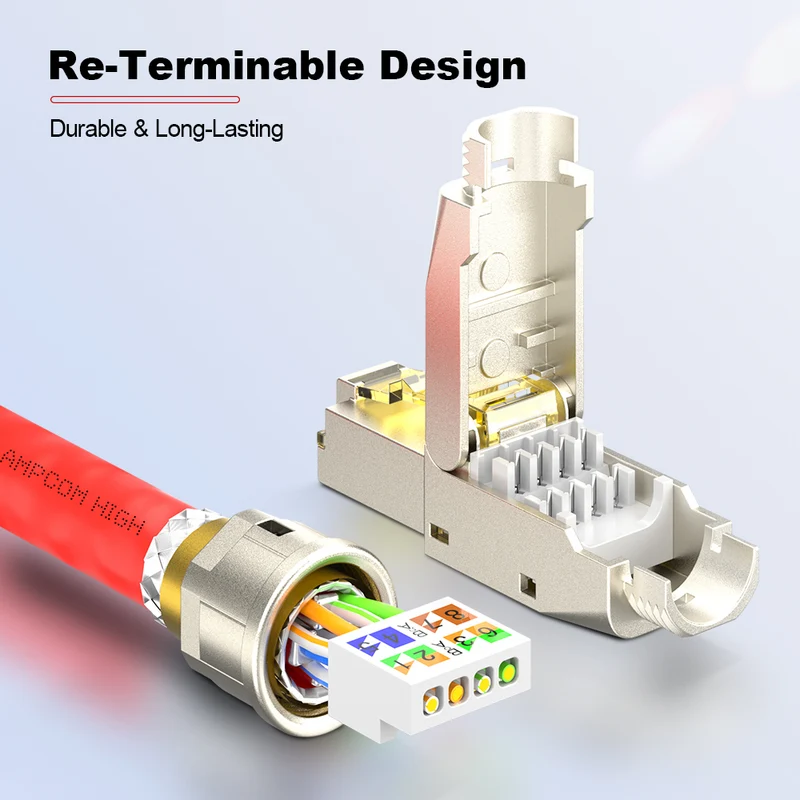 AMPCOM Cat6 Zinc-Alloy Shielded Tool-Free RJ45 Connector for 22-24 AWG Ethernet Cable
