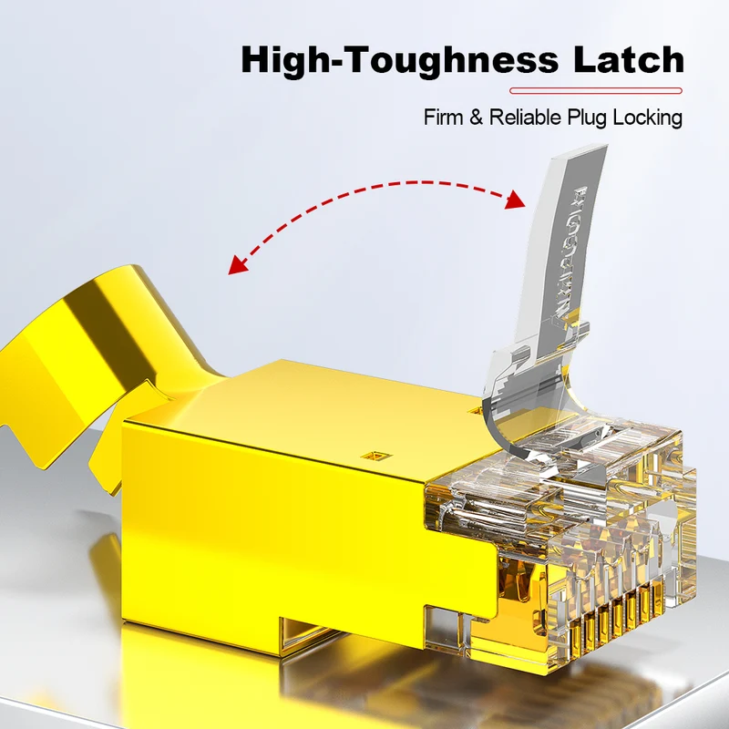 AMPCOM Cat7 W/ Tail Clip Shielded RJ45 Connector, 50μm Gold-Plated Contacts, Gold-Plated Copper Shell, 1.5mm Conductor Hole