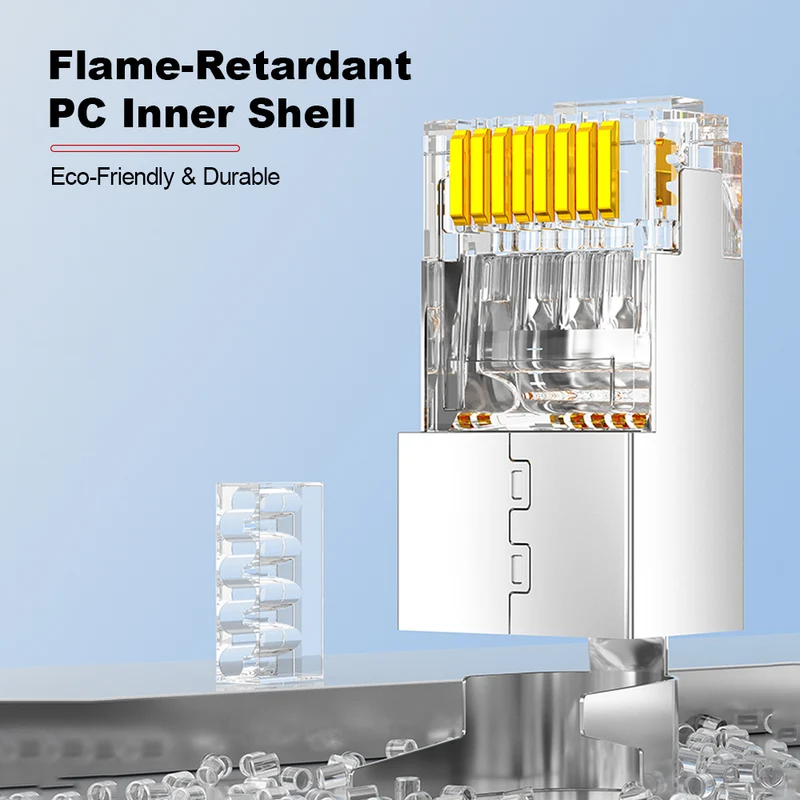 AMPCOM Cat7a W/ Tail Clip Shielded RJ45 Connector, Nickel-Plated Copper Shell, 1.5mm Conductor Hole