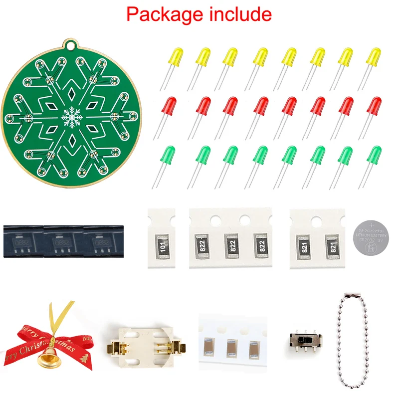 Soldering Practice Kit DIY Christmas Tree Decoration Soldering Kit, Snowflake Shape Red Green and Yellow LED Flashing Lights, Fun Electronic Project Kit for School and Home Teaching Learning