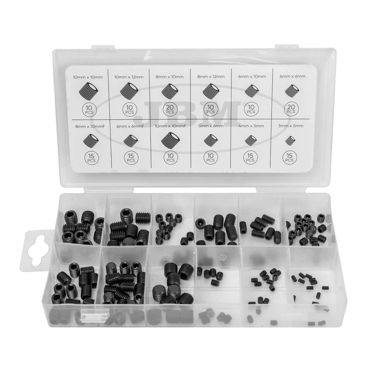 ASSORTIMENTO DI VITI SENZA TESTA CON ESAGONO INCASSATO METRICHE 160 PEZZI 54933 JBM