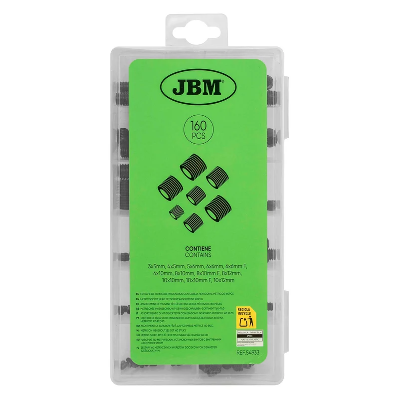 ASSORTIMENTO DI VITI SENZA TESTA CON ESAGONO INCASSATO METRICHE 160 PEZZI 54933 JBM