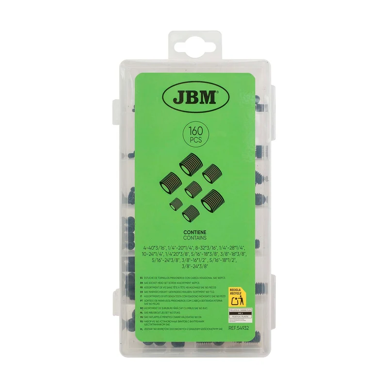 ASSORTIMENTO DI VITI SENZA TESTA CON ESAGONO INCASSATO SAE 160 PEZZI 54932 JBM