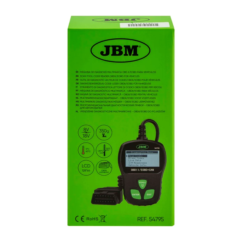 STRUMENTO DI DIAGNOSTICA LETTORE DI CODICI OBDII/EOBD PER VEICOLI 54795 JBM
