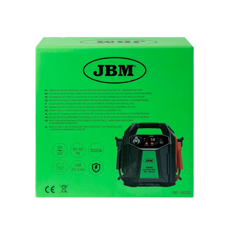 AVVIATORE MULTIFUNZIONE PER VEICOLI CON DISPLAY DIGITALE E BATTERIE AL LITIO DA 48.000MAH – 12V/24V 55020 JBM