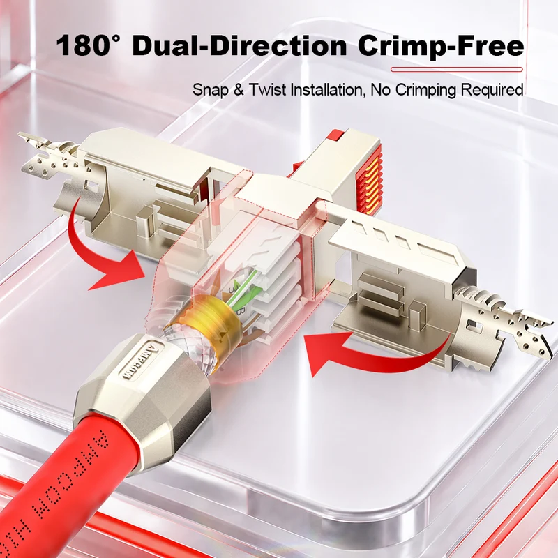 AMPCOM CFS Series Cat7 Zinc-Alloy Shielded Tool-Free RJ45 Connector for 22-24 AWG Ethernet Cable
