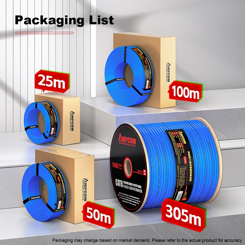 AMCPOM Cat6 Bulk Network Cable, 0.58±0.01mm Pure Copper Stranded Wire, 250MHz, Unshielded (UTP), Blue PVC Sheath, 1000ft (305m) / Reel