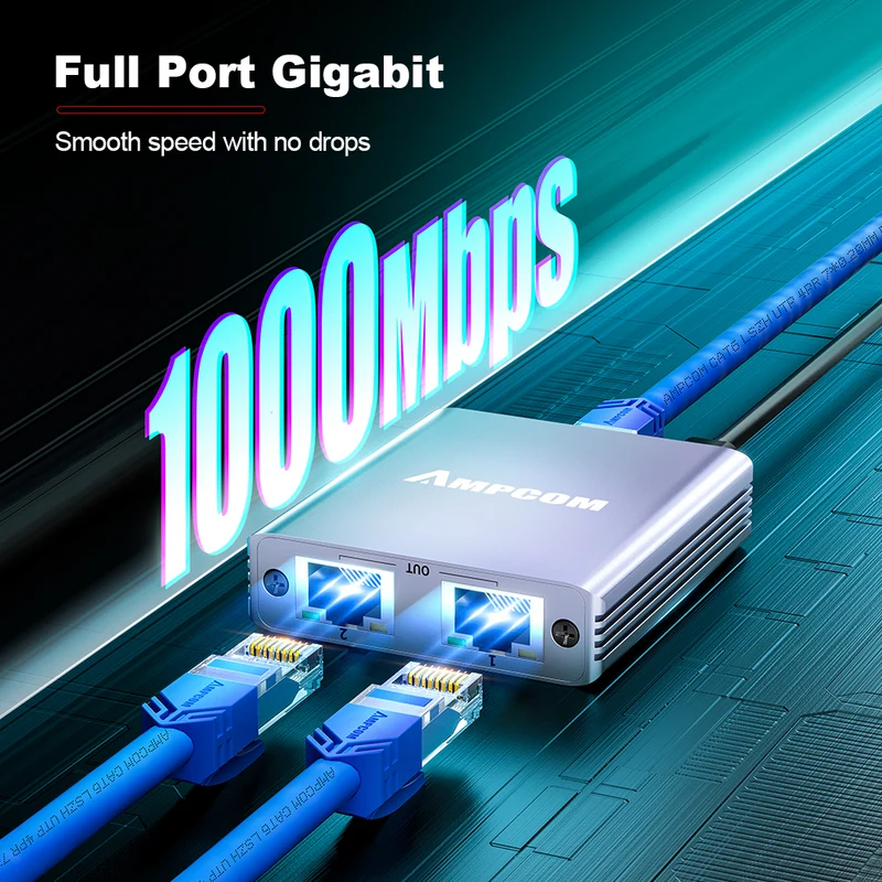AMPCOM 1-to-2 RJ45 Network Cable Splitter – Gigabit Ethernet Port Expander
