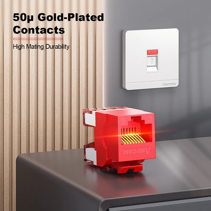 AMPCOM CAT5E Unshielded 180° Punch-Down Keystone Jack for Ethernet Network, Red Shell