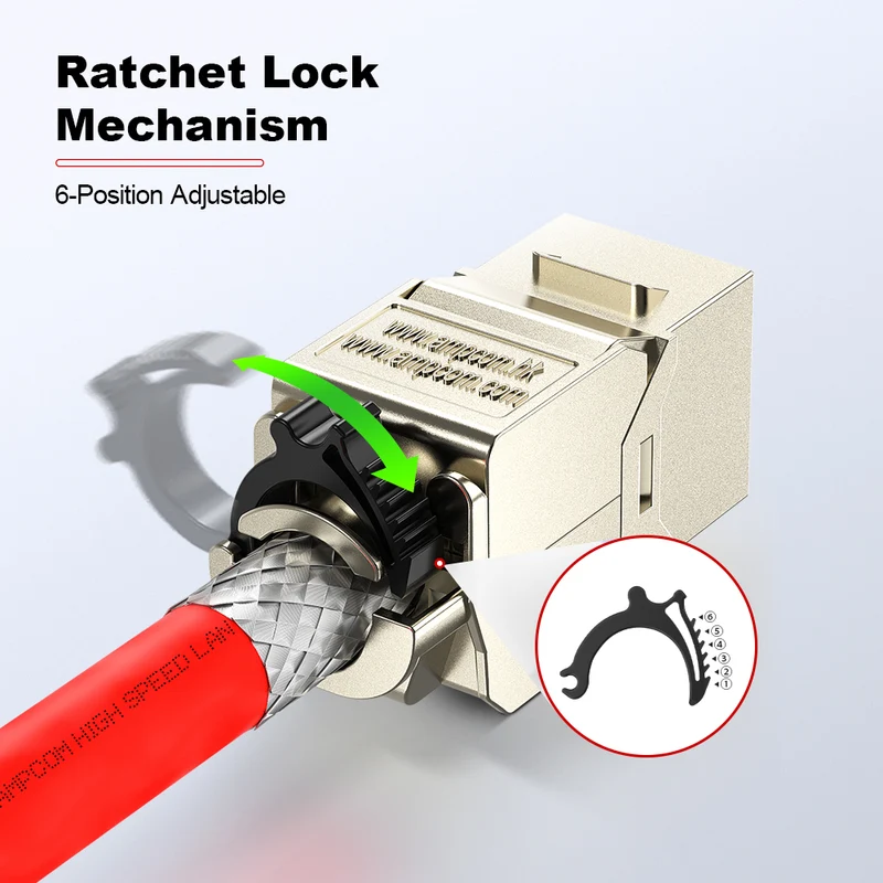 AMPCOM CAT7 Shielded Tool-less Keystone Jack With Ratchet Lock Design, Zinc Alloy Housing