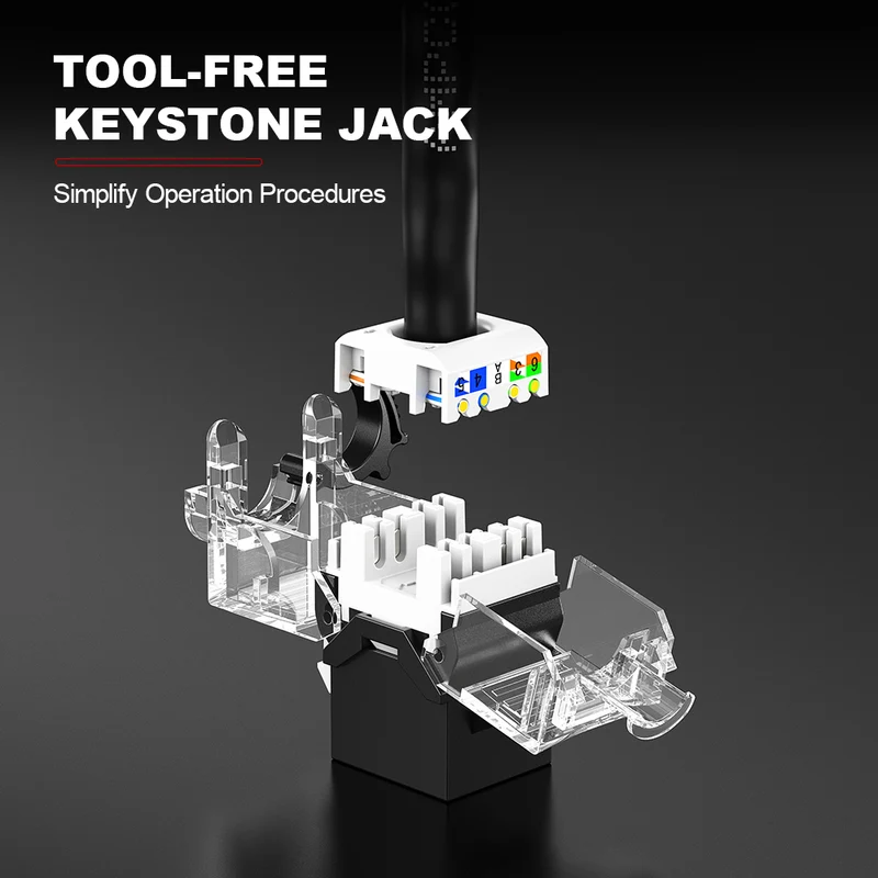AMPCOM CAT6a Unshielded Tool-less Keystone Jack With Ratchet Lock Design, White Shell