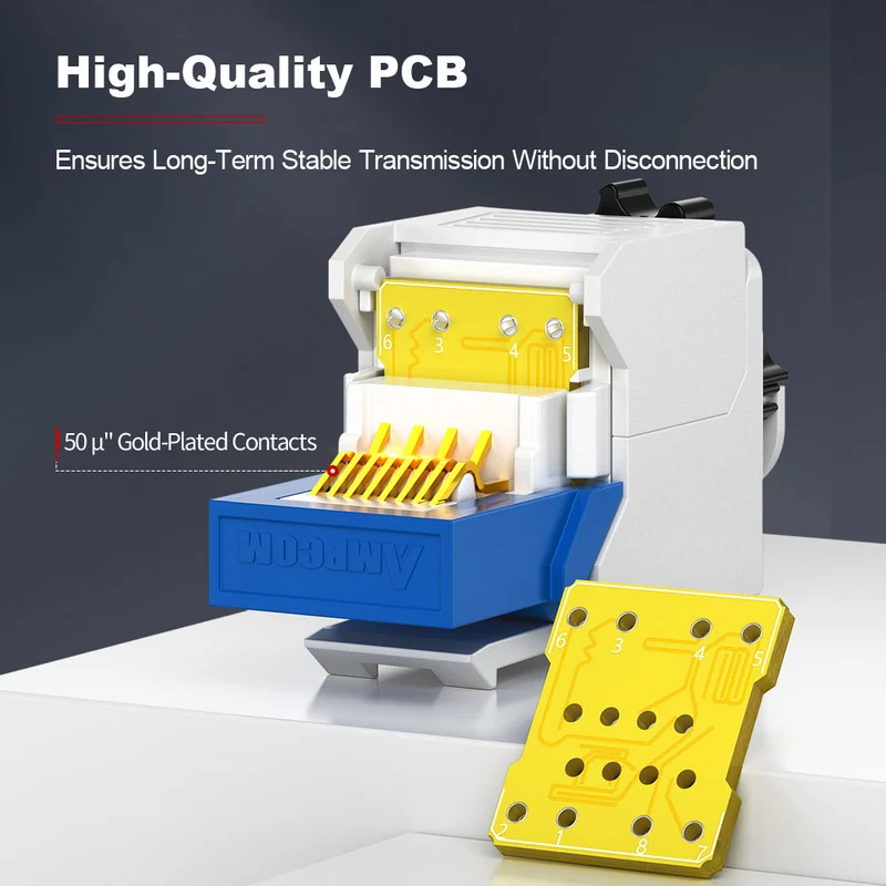 AMPCOM CAT6 Unshielded Tool-less Keystone Jack With Ratchet Lock Design, White Shell