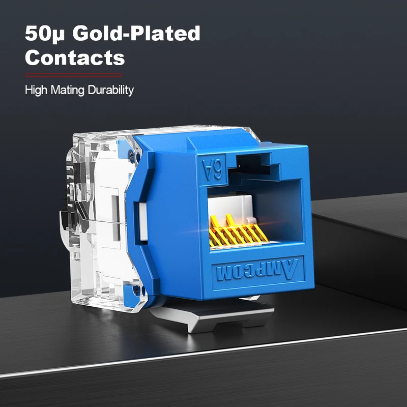 AMPCOM CAT6a Unshielded Tool-less Keystone Jack With Ratchet Lock Design, White Shell