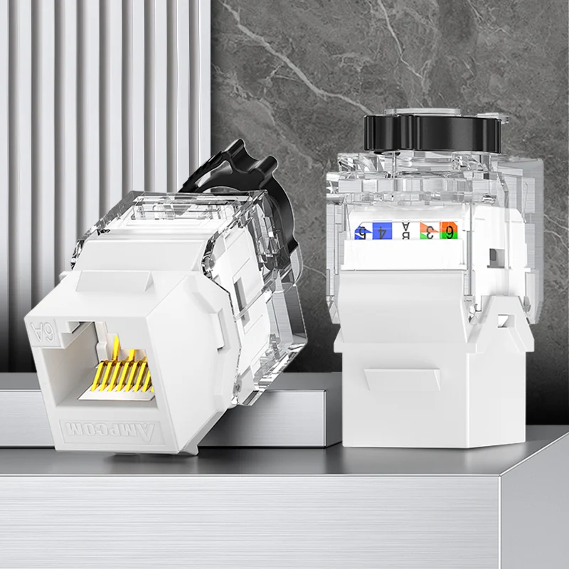 AMPCOM CAT6a Unshielded Tool-less Keystone Jack With Ratchet Lock Design, White Shell