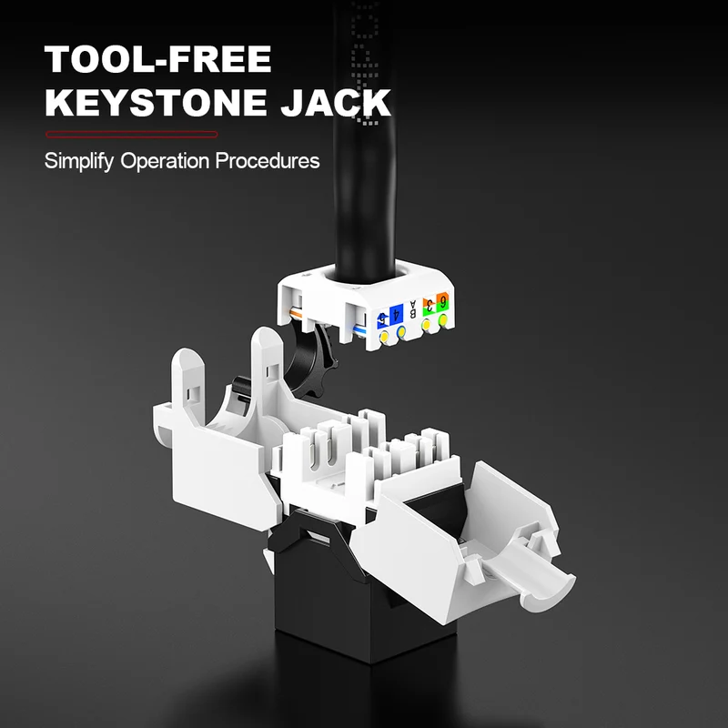 AMPCOM CAT6 Unshielded Tool-less Keystone Jack With Ratchet Lock Design, White Shell