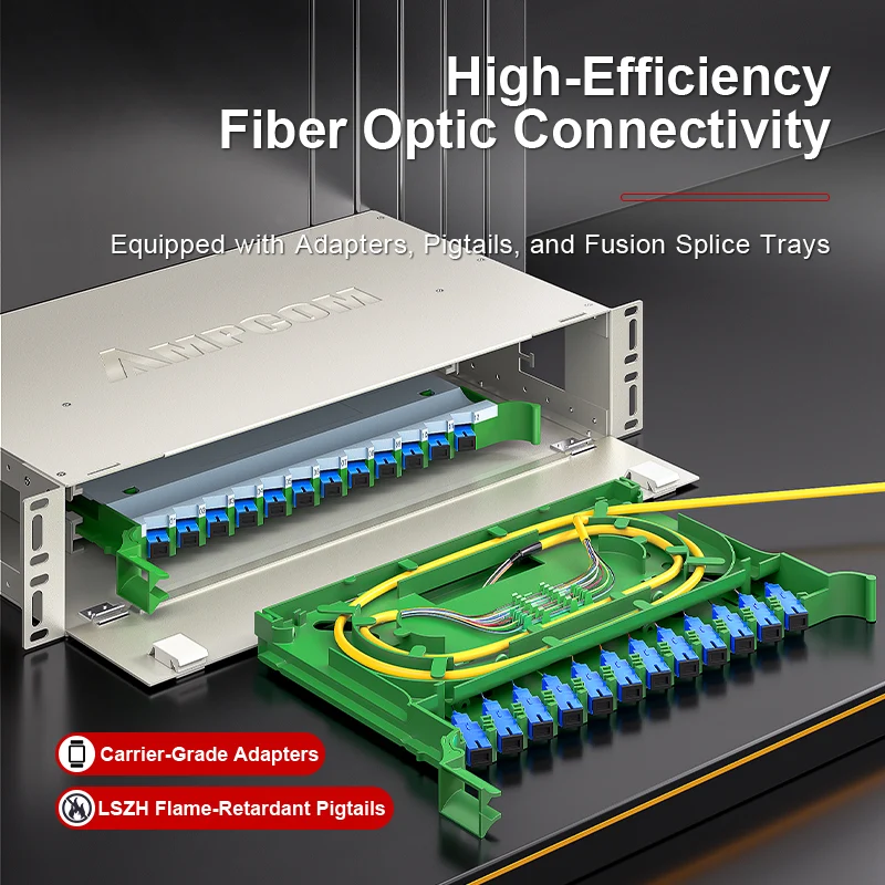 AMPCOM 72-Port Optical Distribution Frame (ODF), OM2 Singlemode Fiber Patch Panel with SC Couplers & Pigtails