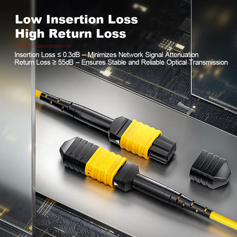 AMPCOM MPO-12 Trunk Cable, MPO-12 APC (Female) to MPO-12 APC (Female), 12 Fibers, OS2 9/125μm, LSZH/Riser, 0.35dB Max, Yellow