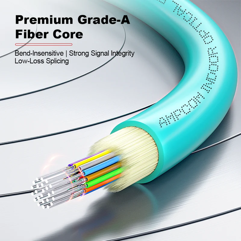 AMPCOM MPO-12 Jumper, Multimode OM3 50/125µm 12 Fibers Optic Cable, MPO UPC (Female) to MPO UPC (Female), Aqua LSZH Jacket