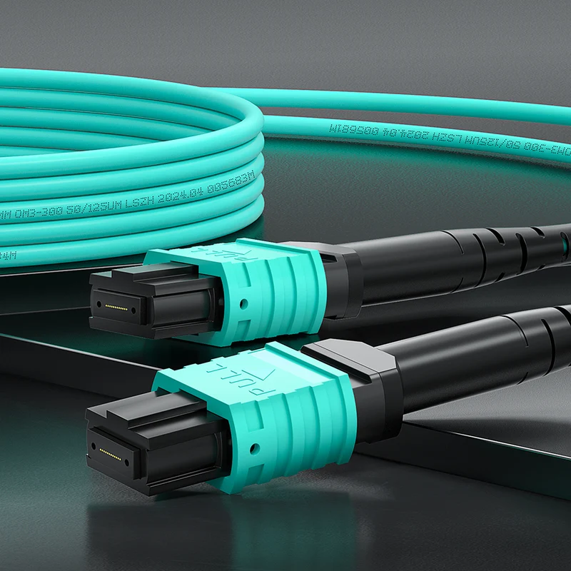 AMPCOM MPO-12 Jumper, Multimode OM3 50/125µm 12 Fibers Optic Cable, MPO UPC (Female) to MPO UPC (Female), Aqua LSZH Jacket