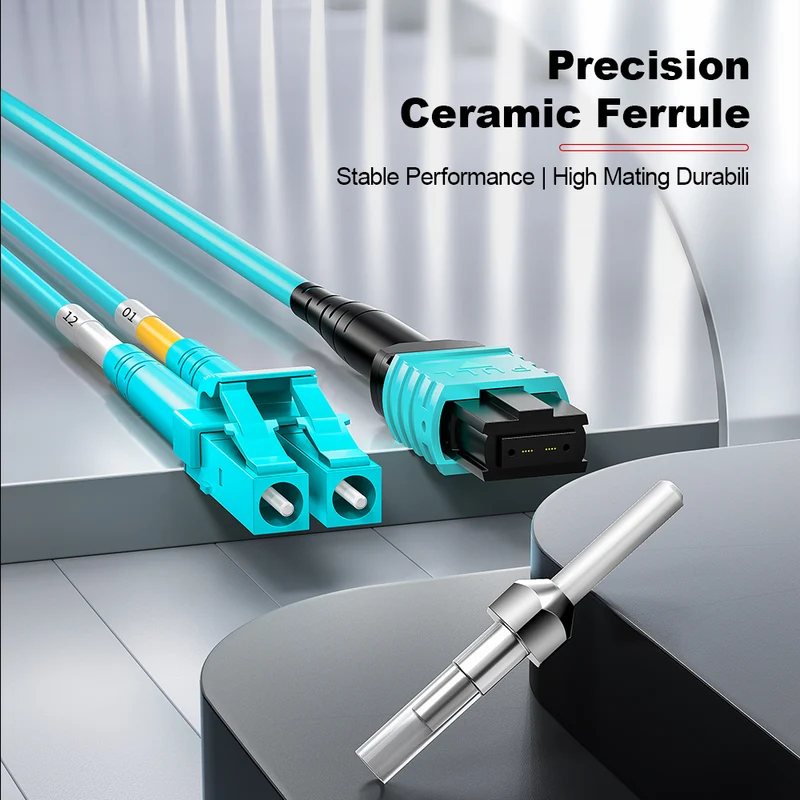 AMPCOM MPO-8 Harness, Multimode OM3 50/125µm 8 Fibers Optic Cable, MPO UPC (Female) to 4 x LC UPC Duplex, Aqua LSZH Jacket