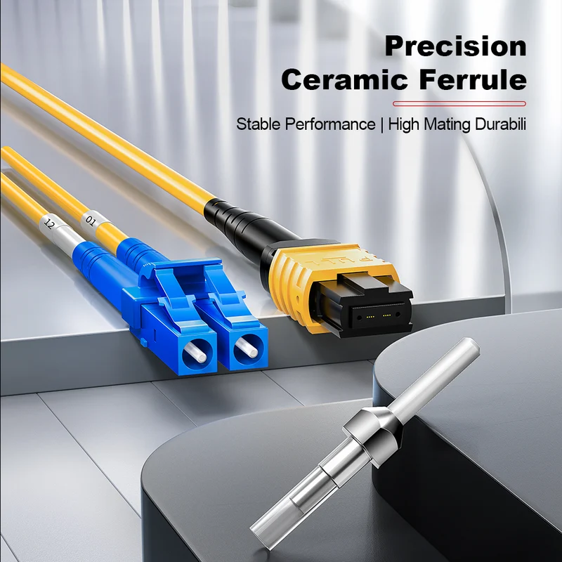AMPCOM MPO-8 Harness, Single Mode (OS2 9/125μm) 8 Fibers Optic Cable, MPO UPC (Female) to 4 x LC UPC Duplex, Yellow LSZH Jacket