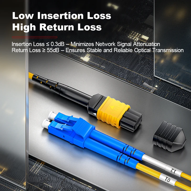 AMPCOM MPO-8 Harness, Single Mode (OS2 9/125μm) 8 Fibers Optic Cable, MPO UPC (Female) to 4 x LC UPC Duplex, Yellow LSZH Jacket