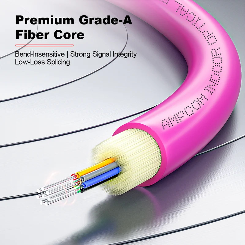 AMPCOM MPO-12 Harness, Multimode OM4 50/125µm 12 Fibers Optic Cable, MPO UPC (Female) to 6 x LC UPC Duplex, Magenta LSZH Jacket