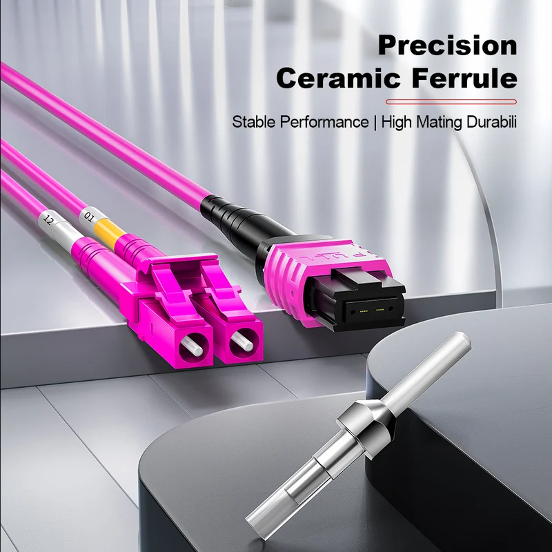 AMPCOM MPO-12 Harness, Multimode OM4 50/125µm 12 Fibers Optic Cable, MPO UPC (Female) to 6 x LC UPC Duplex, Magenta LSZH Jacket