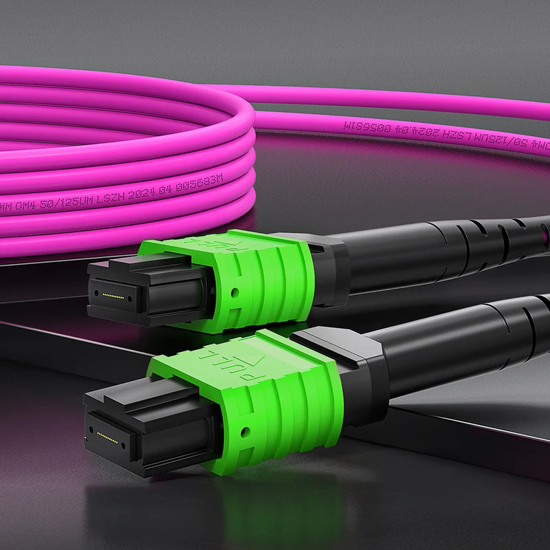 AMPCOM MPO Trunk Cable, MPO-12 APC (Female) to MPO-12 APC (Female), 12 Fibers, Multimode (OM4), LSZH/Riser, 0.35dB Max, Magenta