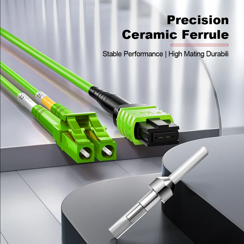 AMPCOM MPO-8 Harness, Multimode OM5 50/125µm 8 Fibers Optic Cable, MPO UPC (Female) to 4 x LC UPC Duplex, Green LSZH Jacket