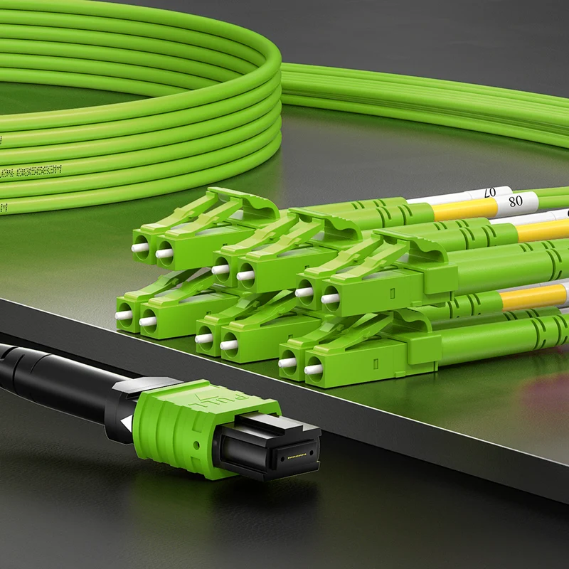 AMPCOM MPO-12 Harness, Multimode OM5 50/125µm 12 Fibers Optic Cable, MPO UPC (Female) to 6 x LC UPC Duplex, Green LSZH Jacket