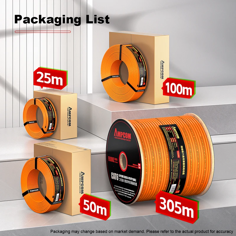 AMCPOM Cat6 Bulk Network Cable, 0.53±0.005mm Pure Copper Stranded Wire, 250MHz, Unshielded (UTP), Orange PVC Sheath, 1000ft (305m) / Reel