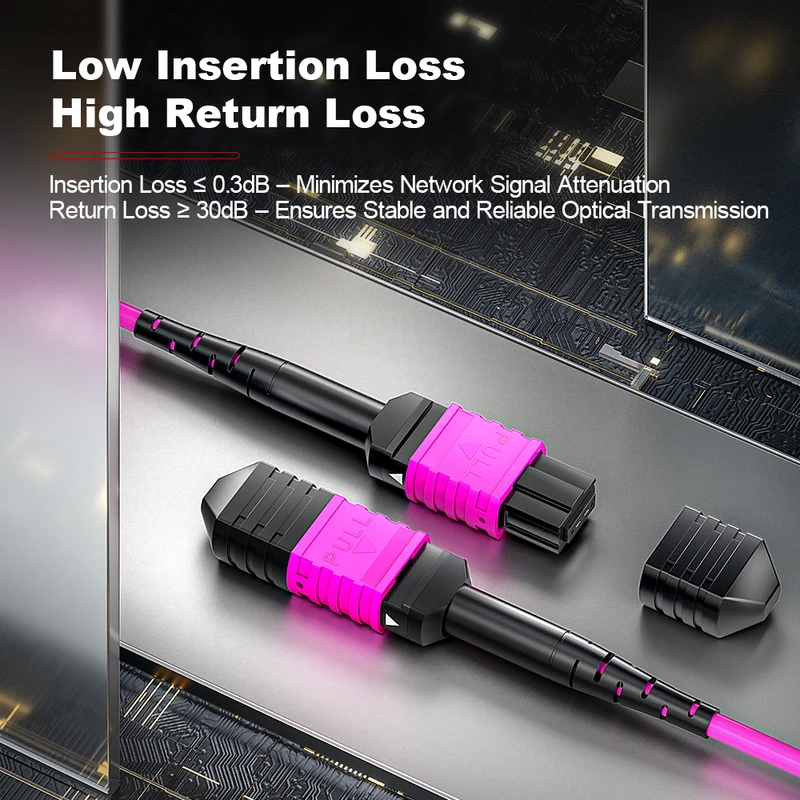 AMPCOM MPO Trunk Cable, MPO-24 UPC (Female) to MPO-24 UPC (Female), 24 Fibers, Multimode (OM4), LSZH/Riser, 0.35dB Max, Magenta