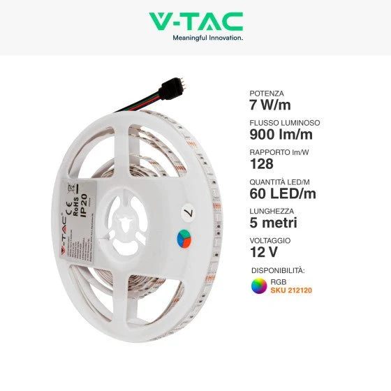 V-Tac Striscia LED Flessibile 35W SMD RGB 60 LED/metro 12V - Bobina da 5 metri- Potenza 7w/m