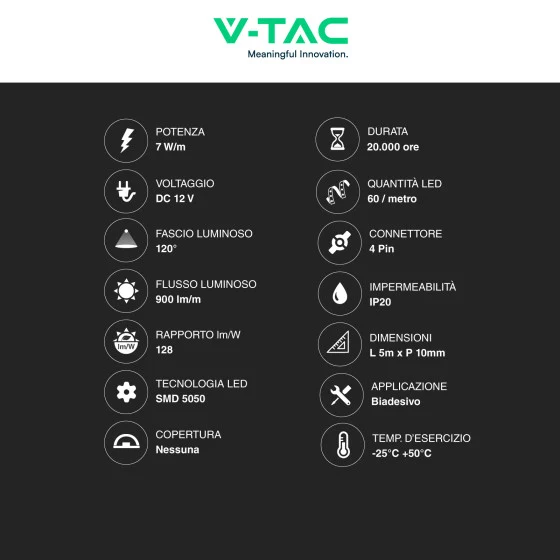 V-Tac Striscia LED Flessibile 35W SMD RGB 60 LED/metro 12V - Bobina da 5 metri- Potenza 7w/m