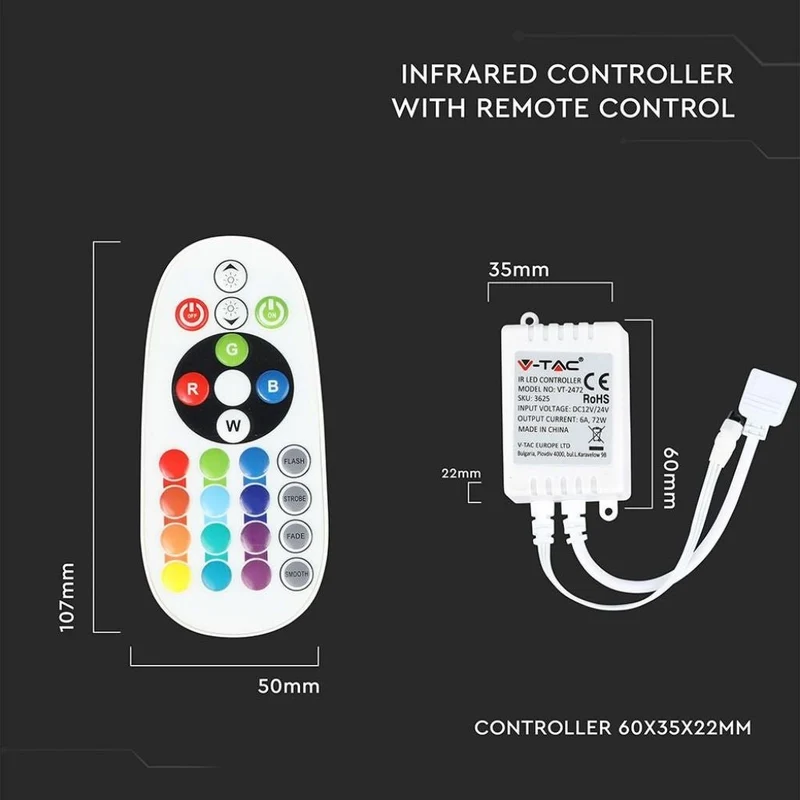 V-Tac Controller per Strisce LED RGB 4 Pin con Telecomando 24 Tasti